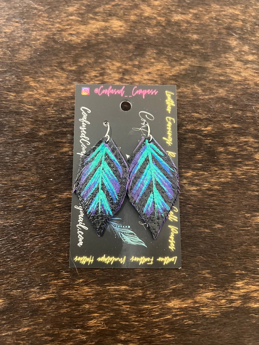 Hand Painted Leather Feather Earrings