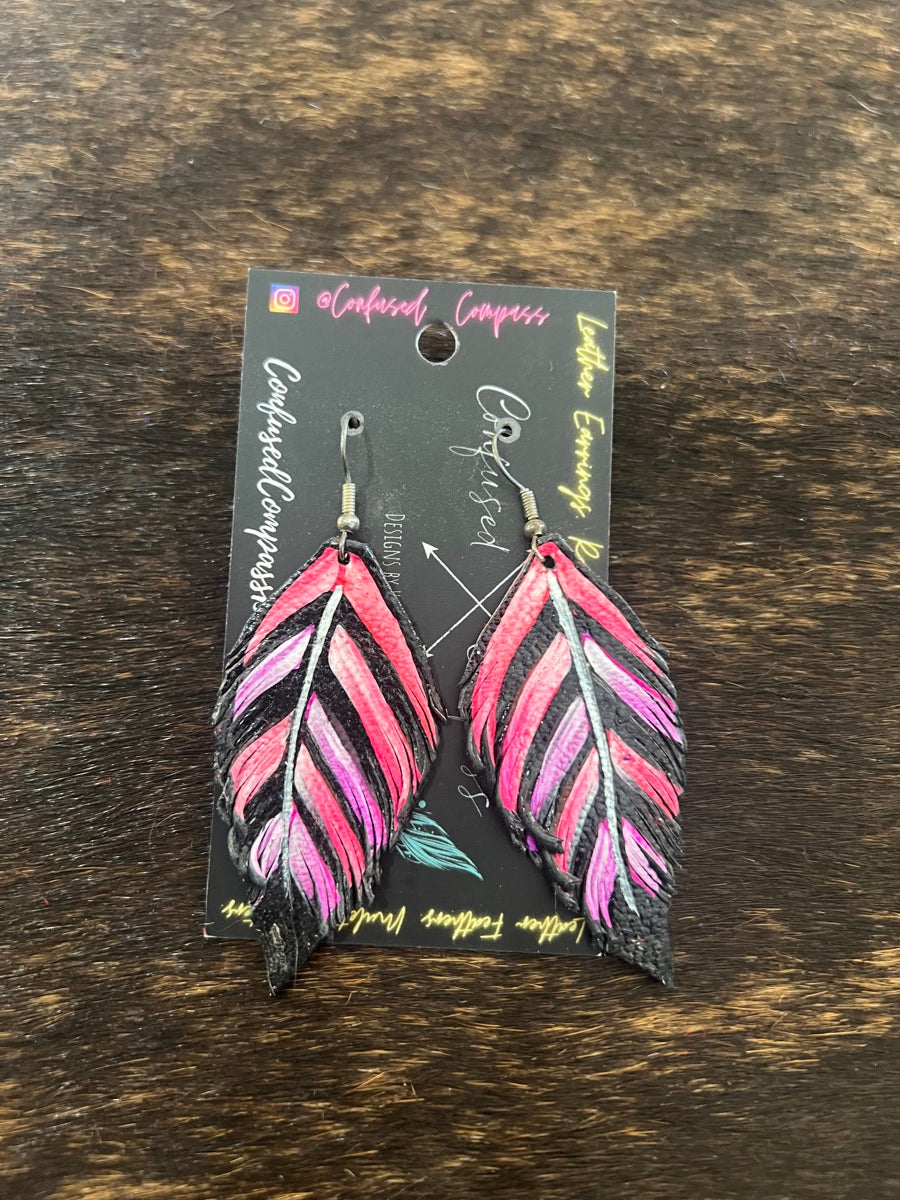 Hand Painted Leather Feather Earrings