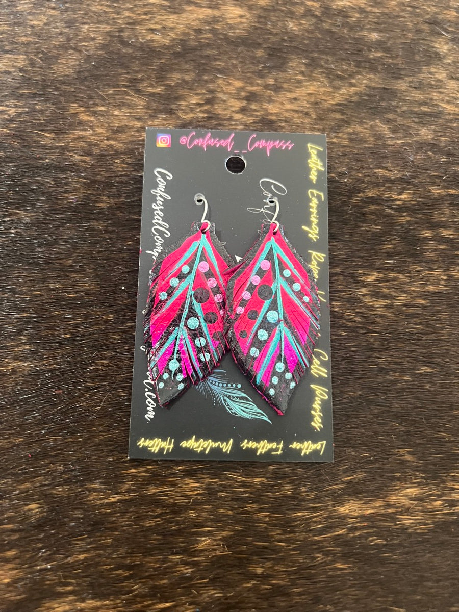 Hand Painted Leather Feather Earrings