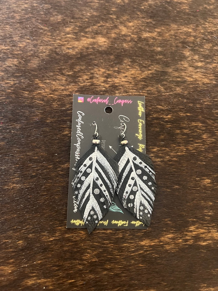 Hand Painted Leather Feather Earrings