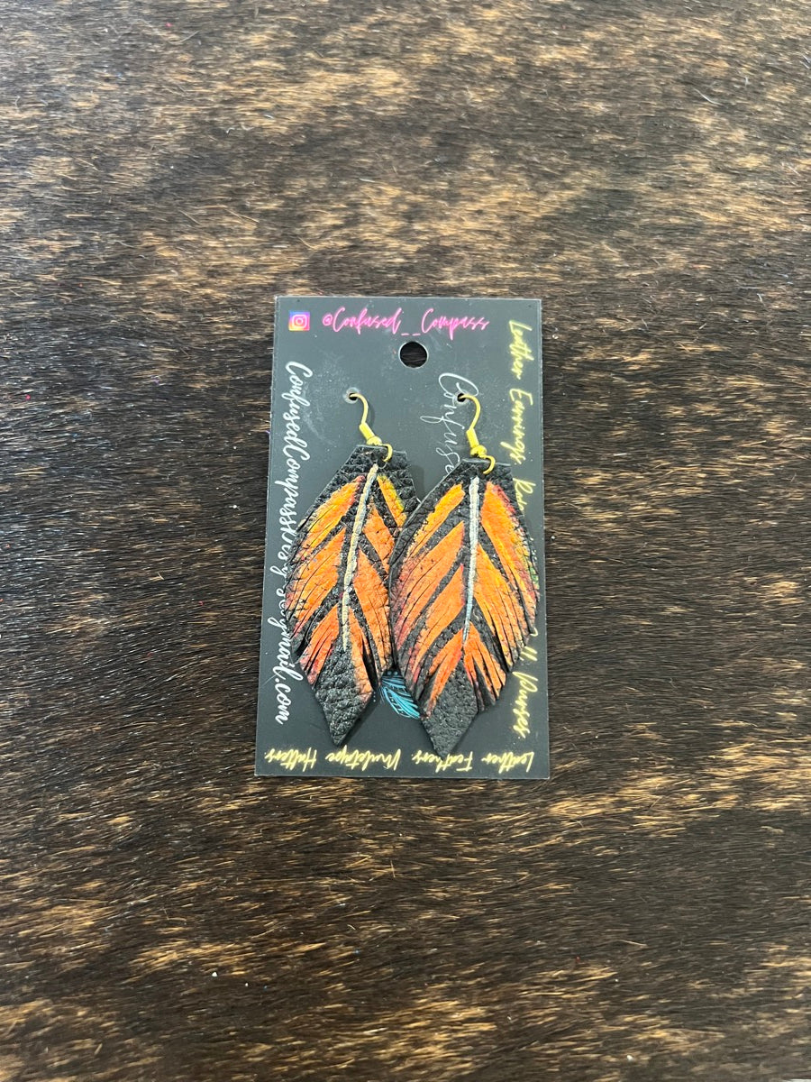 Hand Painted Leather Feather Earrings