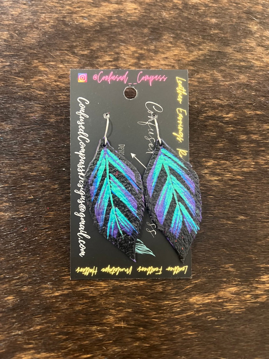 Hand Painted Leather Feather Earrings