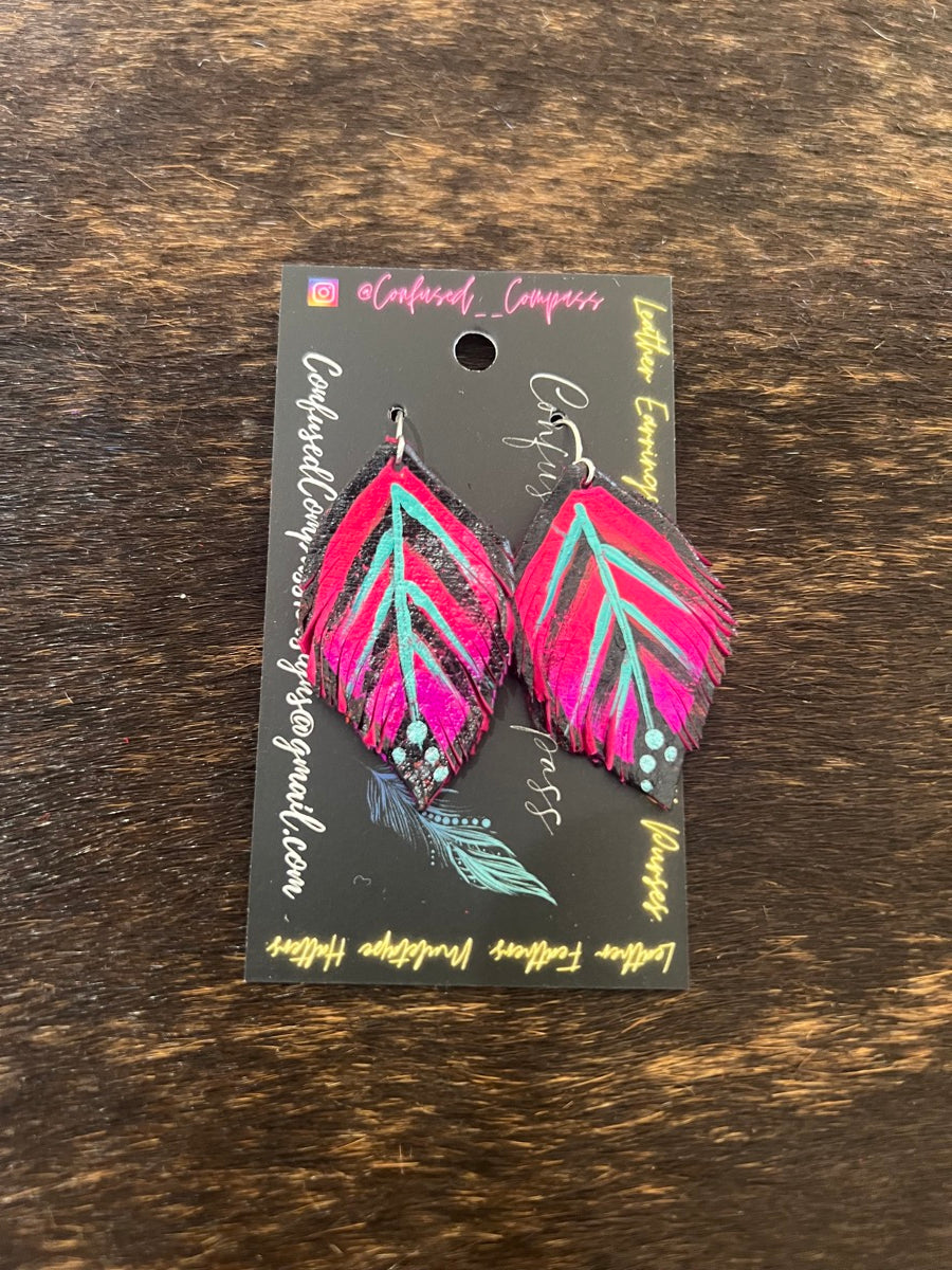 Hand Painted Leather Feather Earrings