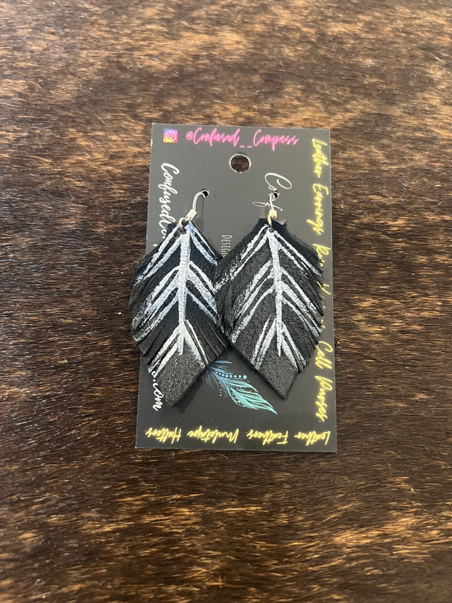 Hand Painted Leather Feather Earrings