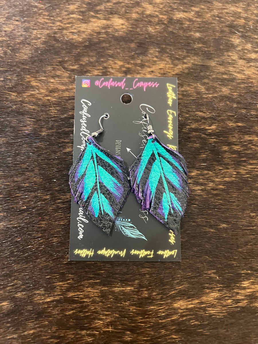 Hand Painted Leather Feather Earrings