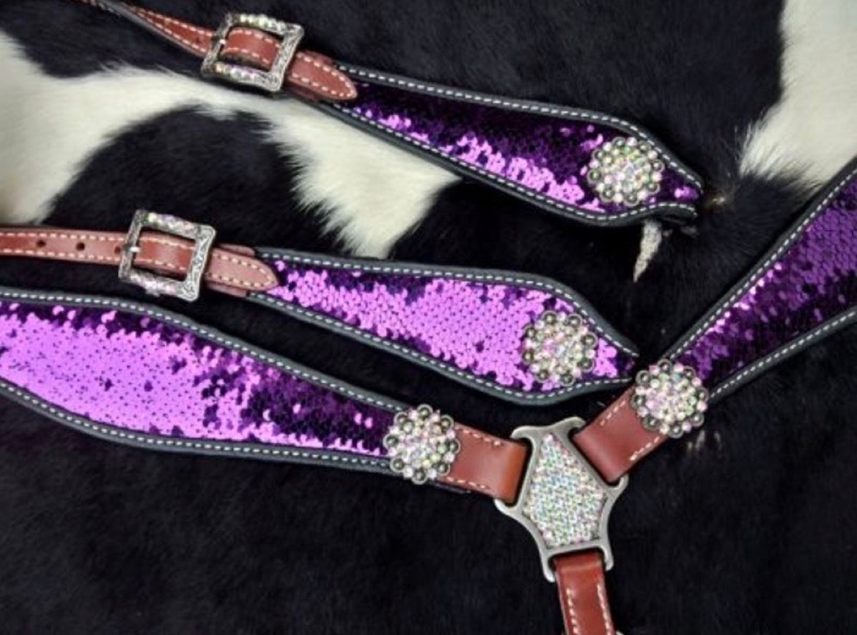 Showman Purple and Silver Sequins Inlay Single Ear Headstall and Breast Collar Set